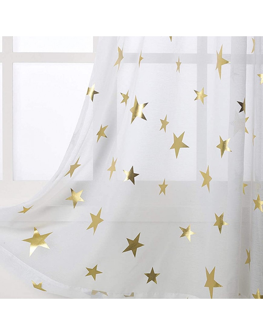 Anjee Golden Star Sheer Curtains Voile Semi Sheer Elegant Rod Pocket Curtain Drapes for Girls Bedroom Kids Room Nursery Backdrop 52 x 84 Inches White - BFOX0AZHH