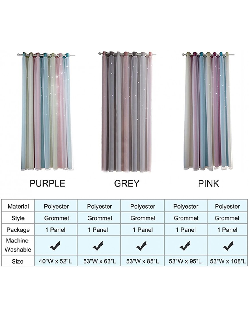 Aoresac Stars Curtains Colorful Double Layer Rainbow Stripe Gradient Star Window Blackout Curtains for Kids Girls Bedroom Living Room 1 Panels 53''W x 95''L Grey - BNU37XD6N