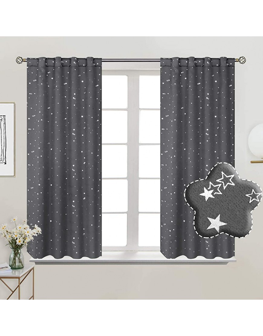 BGment Rod Pocket and Back Tab Blackout Curtains for Kids Bedroom Sparkly Star Printed Thermal Insulated Room Darkening Curtain for Nursery 38 x 45 Inch 2 Panels Grey - B78VMQRG8