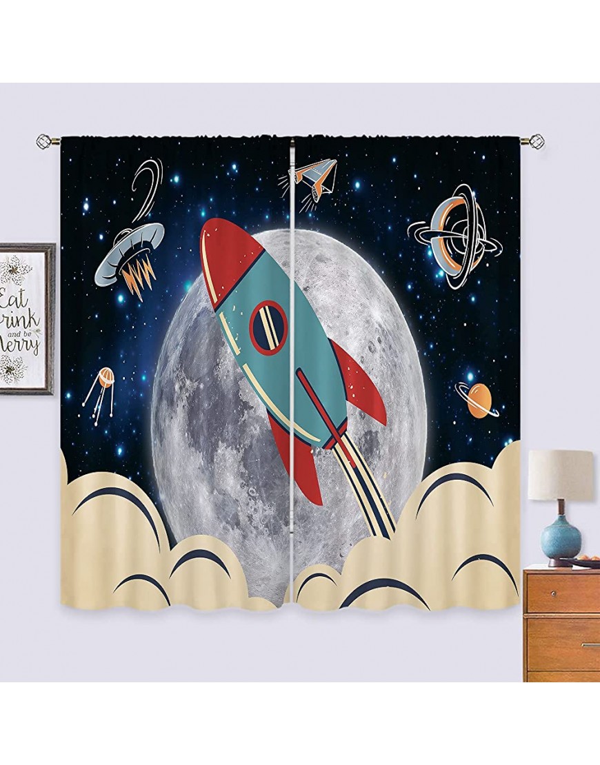 Cinbloo Kids Galaxy Out Space Curtains Rod Pocket 42Wx63L Inch Cartoon Rocket for Baby Boys Bedroom Decor Moon Nursery Child Spaceship Planet Starry Starts Art Printed Playroom Window Drapes 2 Panel - BMI9FD6IH