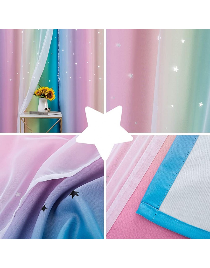 Drewin 2 Panels Rainbow Curtains for Girls Bedroom Daughter Room Stars Cut Out Colorful Blackout Curtain Kids Room Darkening 2 in 1 Ombre Stripe Double Layer Window Drapes Tulle Nursery,52”Wx63”L - BKPMJXBIM