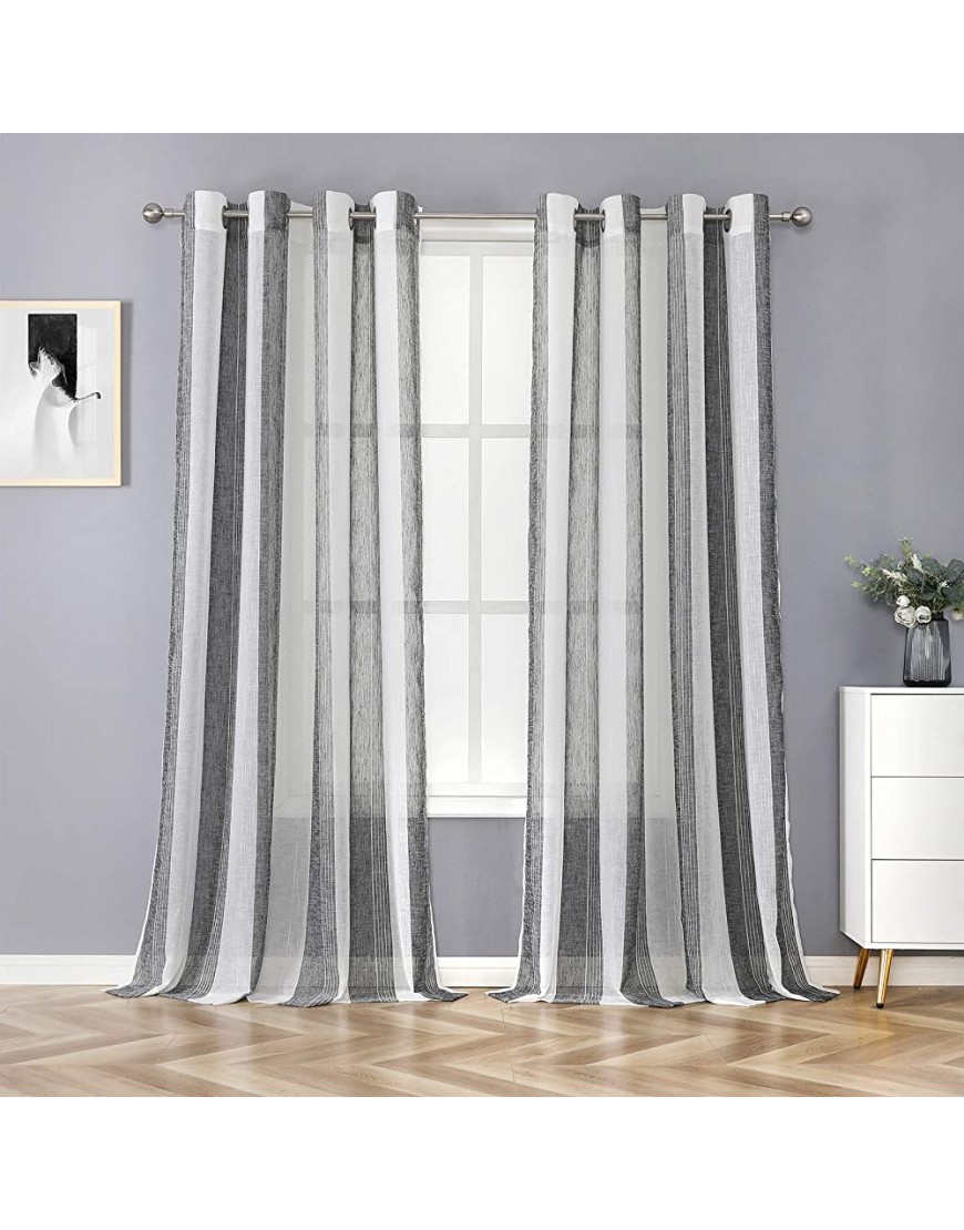Haperlare Sheer Curtains for Bedroom 95 Inches Farmhouse Vertical Striped Sheer Drapes Yarn Dyed Woven Linen Textured Voile Grommet Sheer Panels for Kids Nursery 55" W x 95" L Black 2 Panels - BI8C2WNHW