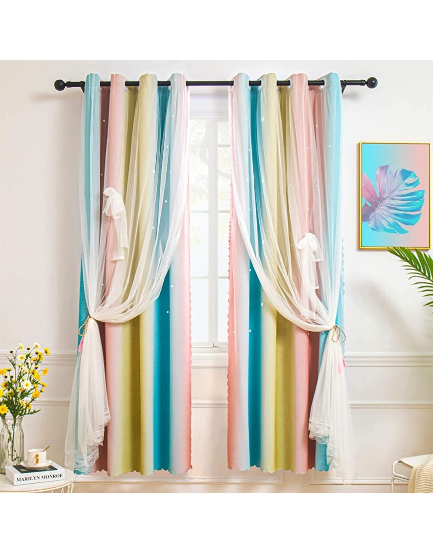 Hughapy Star Curtain Blackout for Girls Bedroom Kids Room Decor Light Blocking Lace Overlay Princess Star Cut Out Curtains Rainbow Striped Layered Window Curtains 1 Panel 52W x 63L Pink Blue - BXQIHSAJ9