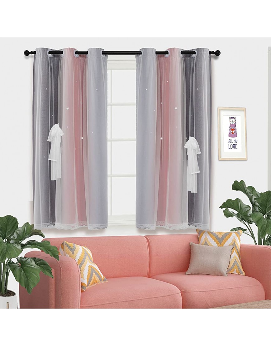 Hughapy Star Curtains Pink Curtains for Girls Bedroom Kids Room Decor Cute Stripe Window Curtain Colorful Double Layer Star Cut Out Curtains for Kitchen Small Cafe 2 Panels Pink Grey 35W x 45L - B3J2328ZA