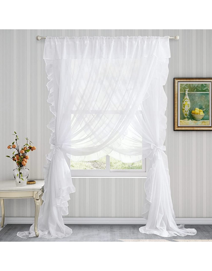 NICETOWN 3 Layers Romantic Patio Door Curtains Rod Pocket Soft Voile Sheer Ruffle Curtains in Shabby Chic Style with 2 Tie Backs for Bedroom Princess Bed Canopy W100 x L95 White 1 Panel - B2CY00OFY