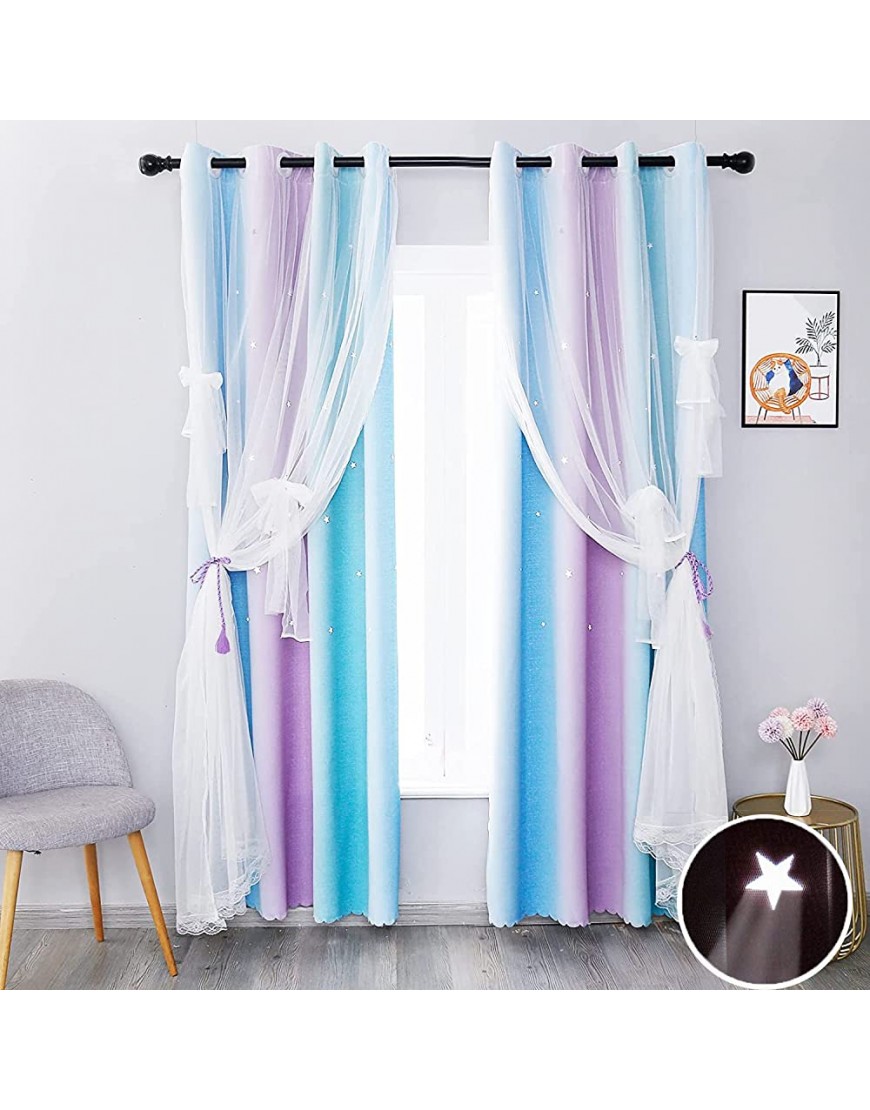 OKYUK Blackout Curtains for Girls Bedroom Window Curtains 63 Inch Length 2 Panels Hollow-Out Stars Dream Curtains Double Layer with Lace and Bow Blue Purple Curtains for Kids Girls Room Decor - BT06QX8PT
