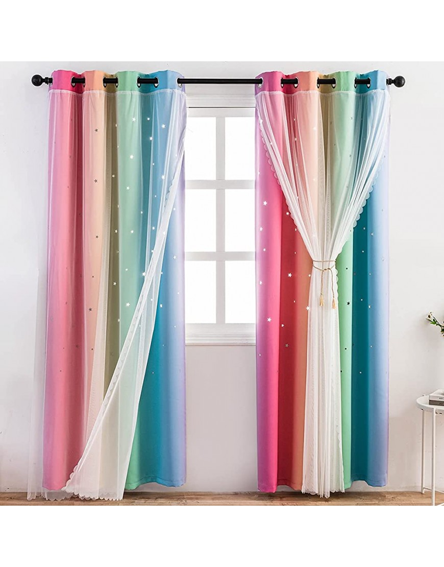 Reepow Rainbow Kids Blackout Curtains for Boys Girls Bedroom Playroom Tulle Overlay Star Cut Out Curtains with Stainless Steel Gromment Top 52" x 63" x 2 Panels - B40HRGKZB