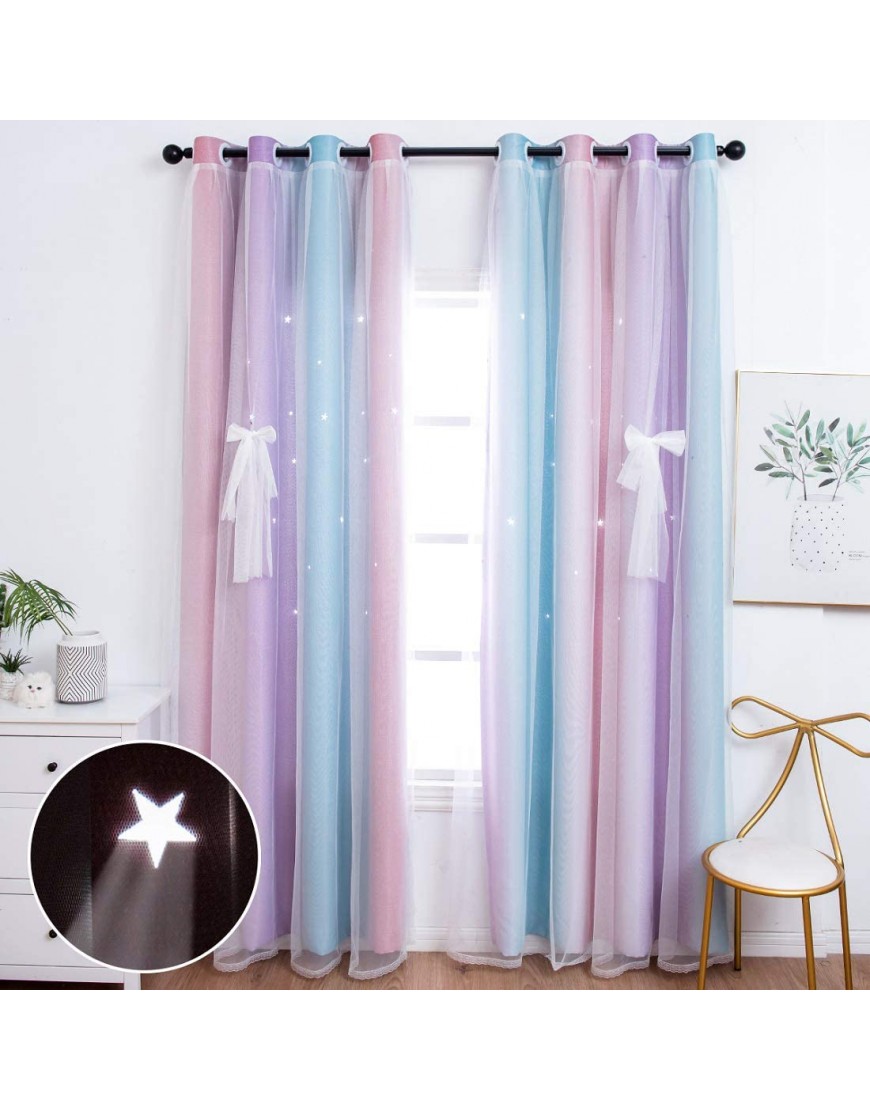 Unistar 2 Panels Blackout Stars Curtains for Kids Girls Bedroom Aesthetic Living Room Decor Colorful Double Layer Star Cut Out Stripe Pink Rainbow Window Curtain W52 x L63 Inches Set of 2 - BOTS2JM8J