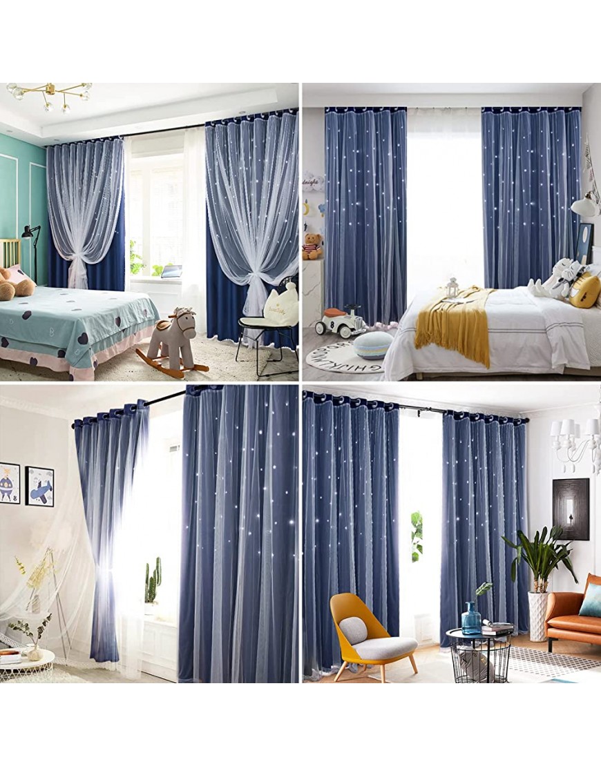 Unistar 2 Panels Stars Blackout Curtains for Bedroom Boys Kids Baby Room Double Layer Star Cut Out Living Room Toddler Window Curtains W52 x L63 Inch Length Navy Blue - BF1610VUU
