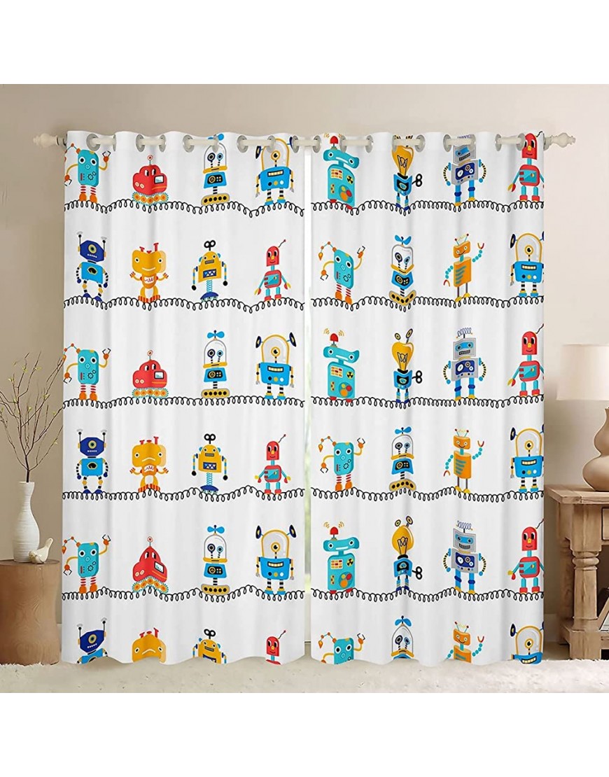 Watercolor Robots Window Curtains Cartoon Toy Theme Window Treatments White Solid Color Window Drapes for Kids Teens Boys Room Decor Grommet Top 2 Panel Set Bedroom Curtains,42X63 inch - B7WHE554X