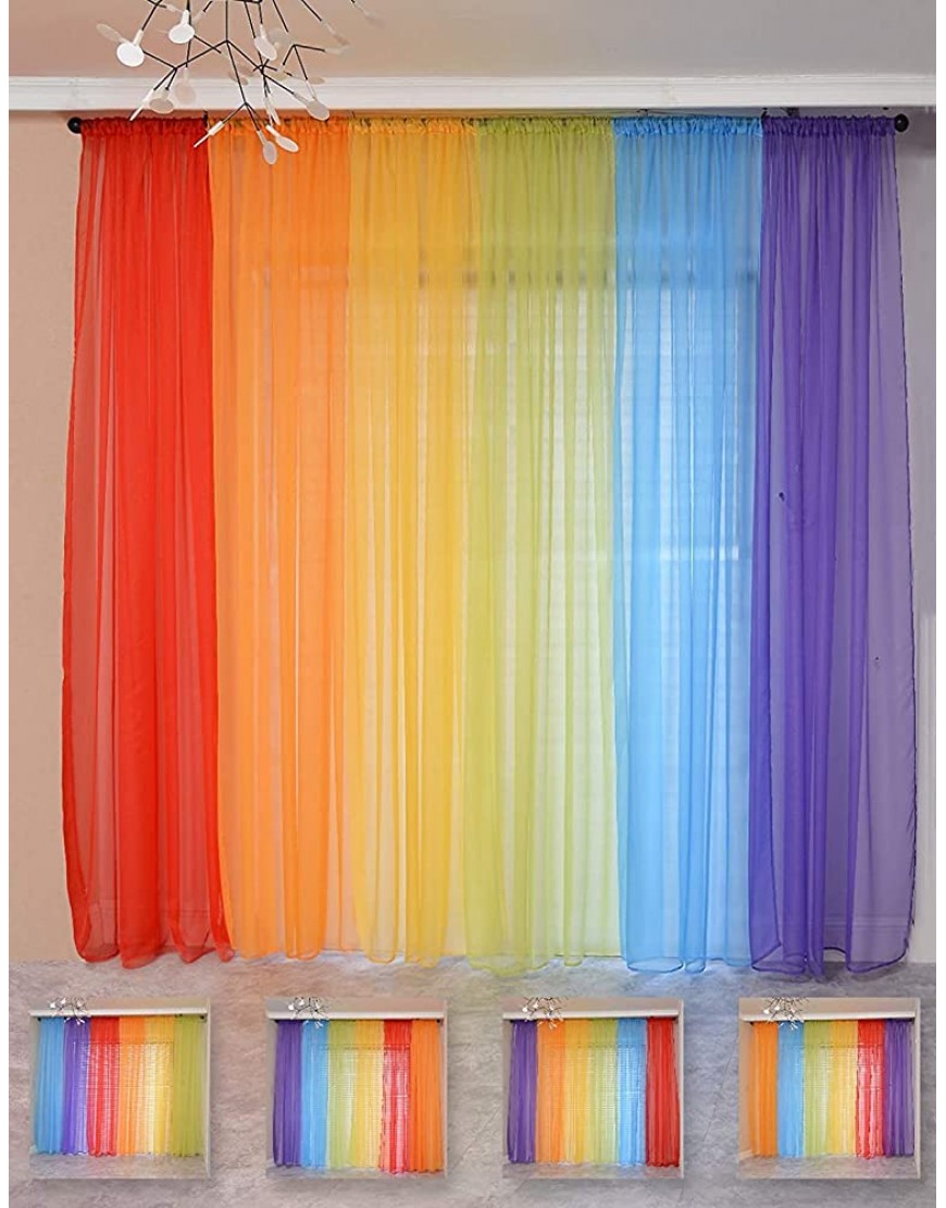 Yancorp 6 Panels Sheer Curtains Rainbow Window Decoration Voile Drapes 84 Inches Kids Girls Boys Party Favor Christmas Classroom Decor Bedroom Backdrop Rainbow （W40 x L63） x 6 Panels - BI53VOLIF