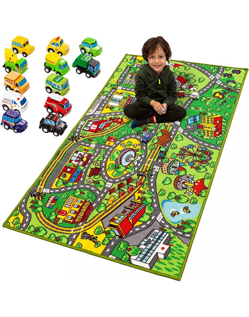 JOYIN Carpet Playmat w  12 Cars Pull-Back Vehicle Set for Kids Age 3+ Jumbo Play Room Rug  City Pretend Play - B4CCU0GWB
