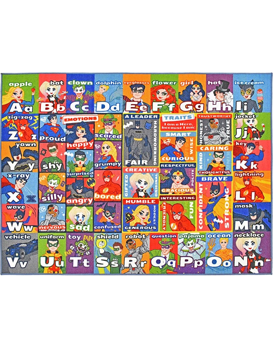 KC Cubs | DC Super Hero ABC Alphabet Traits & Emotions Educational Learning & Game Area Rug Carpet for Kids and Children Bedrooms and Playroom - BQJRXV747