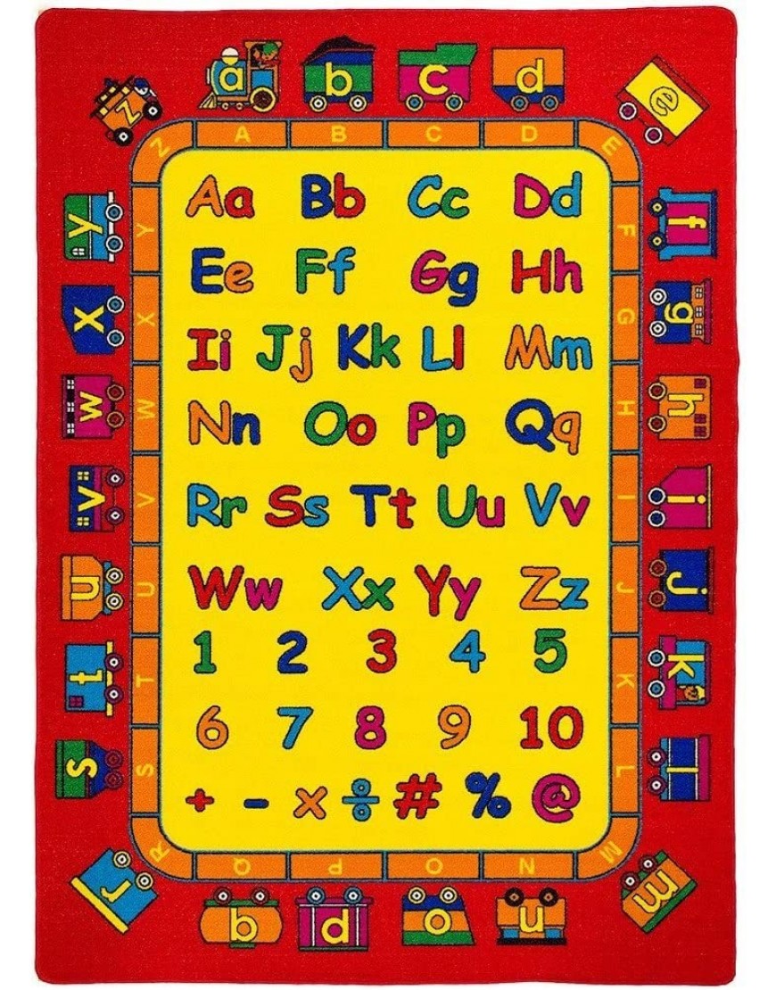 Kids Baby Room Daycare Classroom Playroom Area Rug. Alphabet. Numbers. Train. Educational. Fun. Non-Slip Gel Back. Play Mat. Red. Yellow Orange 5 Feet x 7 Feet - B2J021FQW