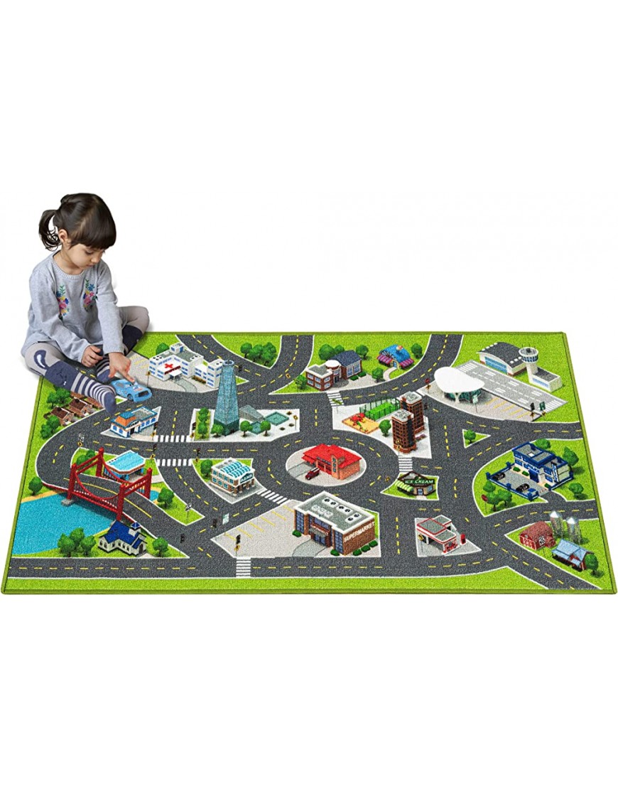 Kids Carpet Playmat City Life 3D Playroom Rug | 30 x 60 Inch Extra Large Toddler Activity Mat for Race Cars & Toys | Playroom Rug Makes a Fun Educational Gift Idea for Boys & Girls… Green - B8O3L408S