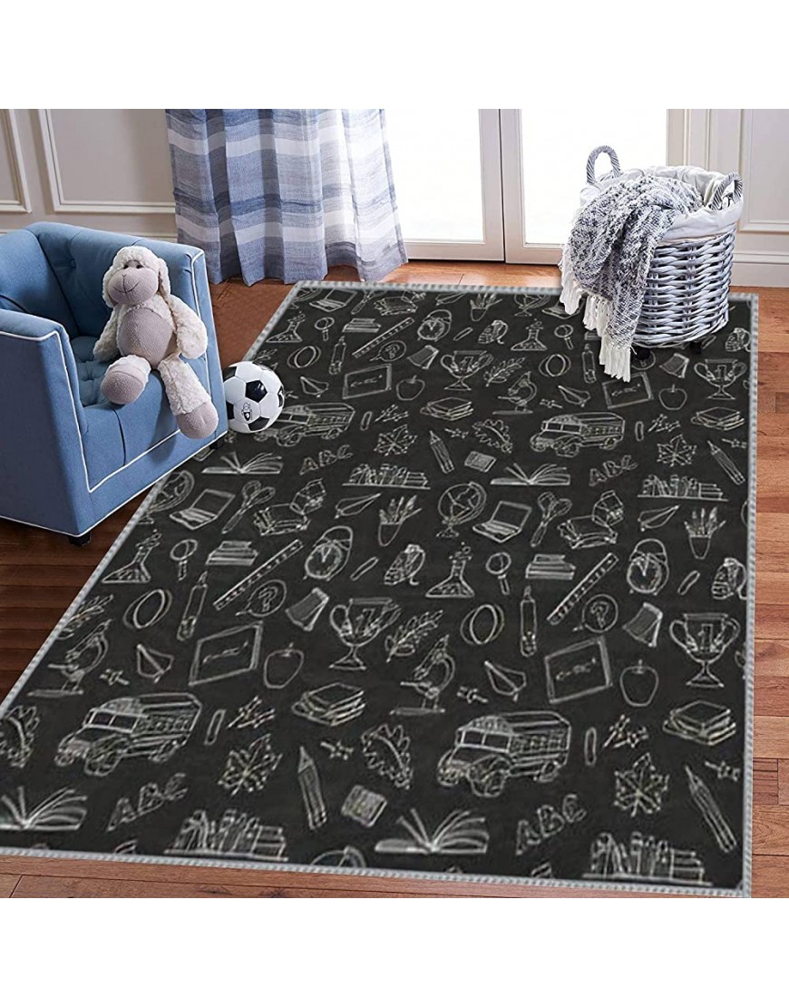 Kids Play Area Rugs Back to School Seamless of Kids Doodles with Bus Books Computer and 3D Carpet Extra Large Rug Kids' Bedroom Playroom Nursery Décor for Boys Girls Learning & Playing 5x8 ft - BYIHR3YVR