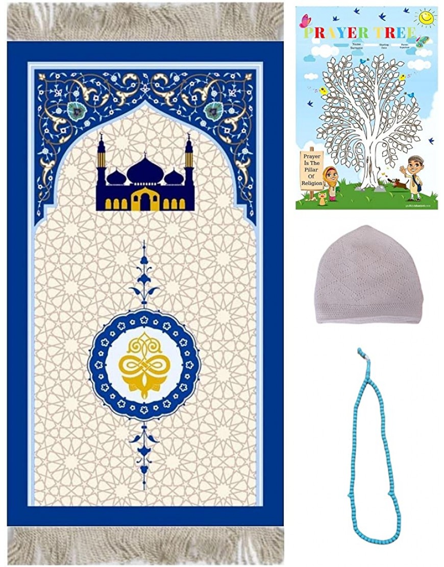 Kids Prayer Mat Eid Gifts for Kids- Salah Mat for Kids Enjoyable Prayer Rug for Kids Blue Mosque - BJTUJX35L