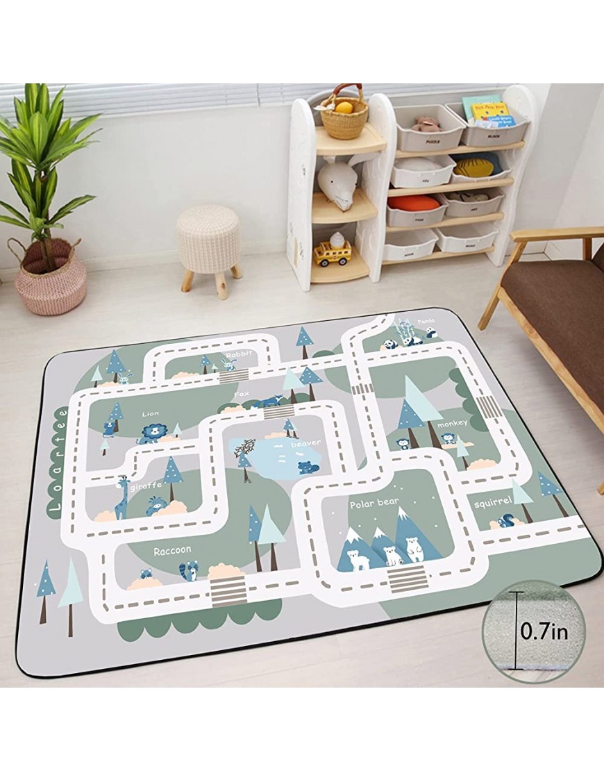 Loartee Kids Carpet Playmat Rug 59x79x0.7 Forest Animal Road Rug Play Mat for Toddlers Game Area Rug Baby Crawling Mats Soft & Thick Flannel Carpet Non-Toxic & Anti-Skid Green Gray - BUHOLU5DX