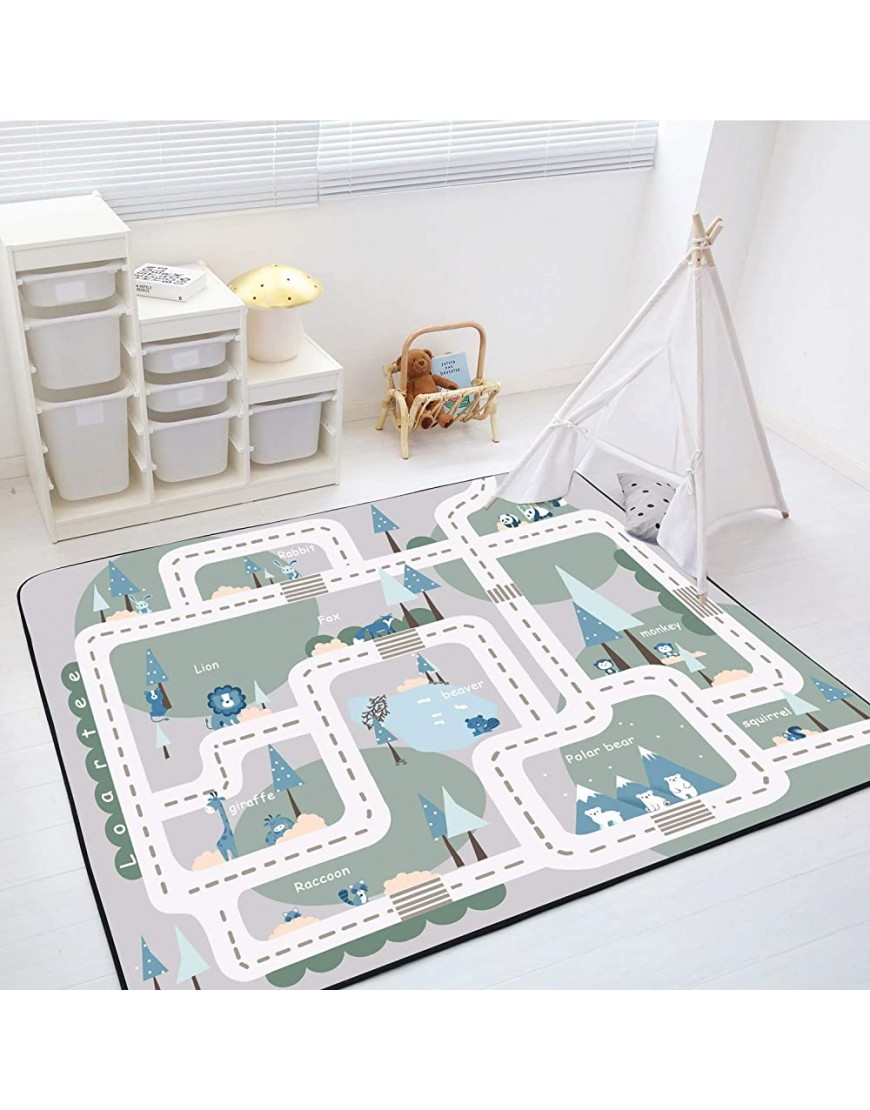 Loartee Kids Carpet Playmat Rug 59x79x0.7 Forest Animal Road Rug Play Mat for Toddlers Game Area Rug Baby Crawling Mats Soft & Thick Flannel Carpet Non-Toxic & Anti-Skid Green Gray - BUHOLU5DX