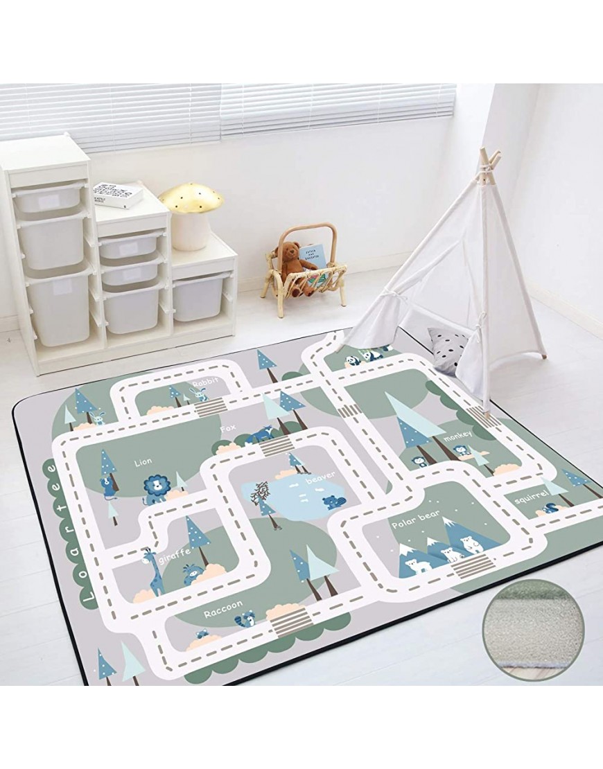 Loartee Kids Carpet Playmat Rug 59"x79"x0.7" Forest Animal Road Rug Play Mat for Toddlers Game Area Rug Baby Crawling Mats Soft & Thick Flannel Carpet Non-Toxic & Anti-Skid Green Gray - BUHOLU5DX