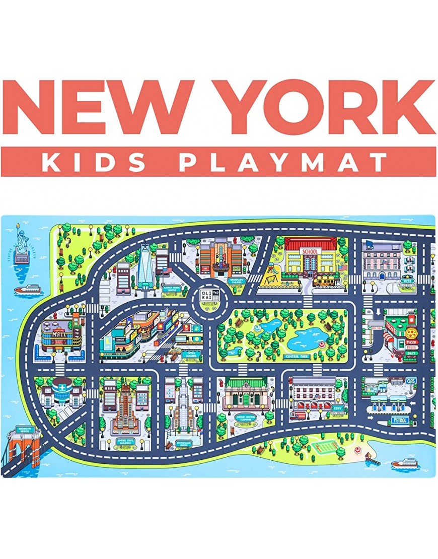 Olikai Design New York City Kids Play Mat for Toddlers. Fun Educational Race Track Rug for Kids Room. 75x45 In. Large Car Carpet for Boys and Girls. Colorful Kids Rug for Playroom Bedroom Classroom - BKZ2660QD