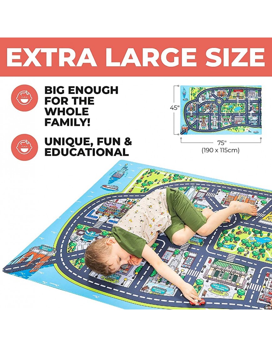 Olikai Design New York City Kids Play Mat for Toddlers. Fun Educational Race Track Rug for Kids Room. 75x45 In. Large Car Carpet for Boys and Girls. Colorful Kids Rug for Playroom Bedroom Classroom - BKZ2660QD