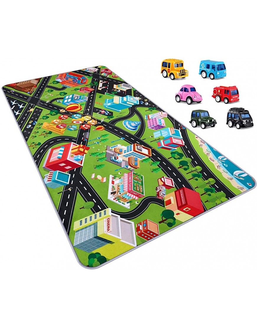 PartyKindom Kids Carpet Playmat Rug Fun City Traffic Game Carpet with 6 Pack Pullback Cars Learn & Have Fun & Educational Play Mat Rug Great for Children Bedroom Playroom Living Room67’’x35’’ - B27QFCA4N