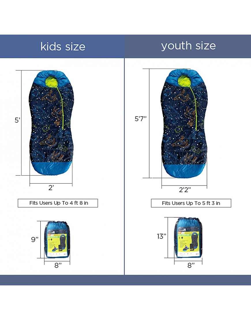 AceCamp Glow in The Dark Mummy Sleeping Bag for Kids and Youth Temperature Rating 30°F -1°C Water-Resistant for Camping Hiking and Slumber Party - B040TGQWI