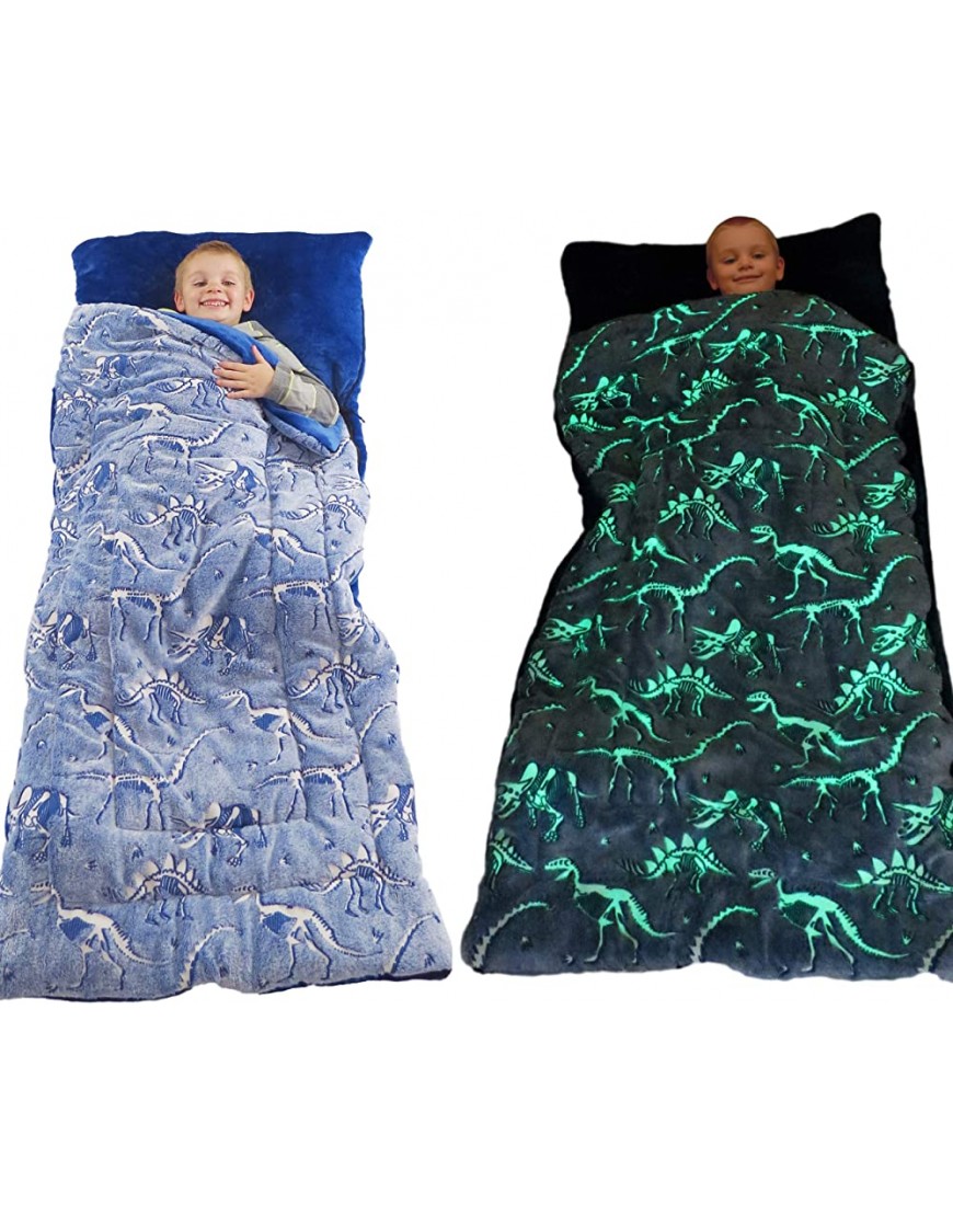 Dinosaur Sleeping Bag Glow in The Dark Dino Slumber Bag for Boys Plush Glowing T-Rex Nap Mat for Kids- Luminescent Blue Large 66in x 30in Warm Durable Sleeping Blanket Pad for Girls Dinosaur Gift - BJNCFNT9C