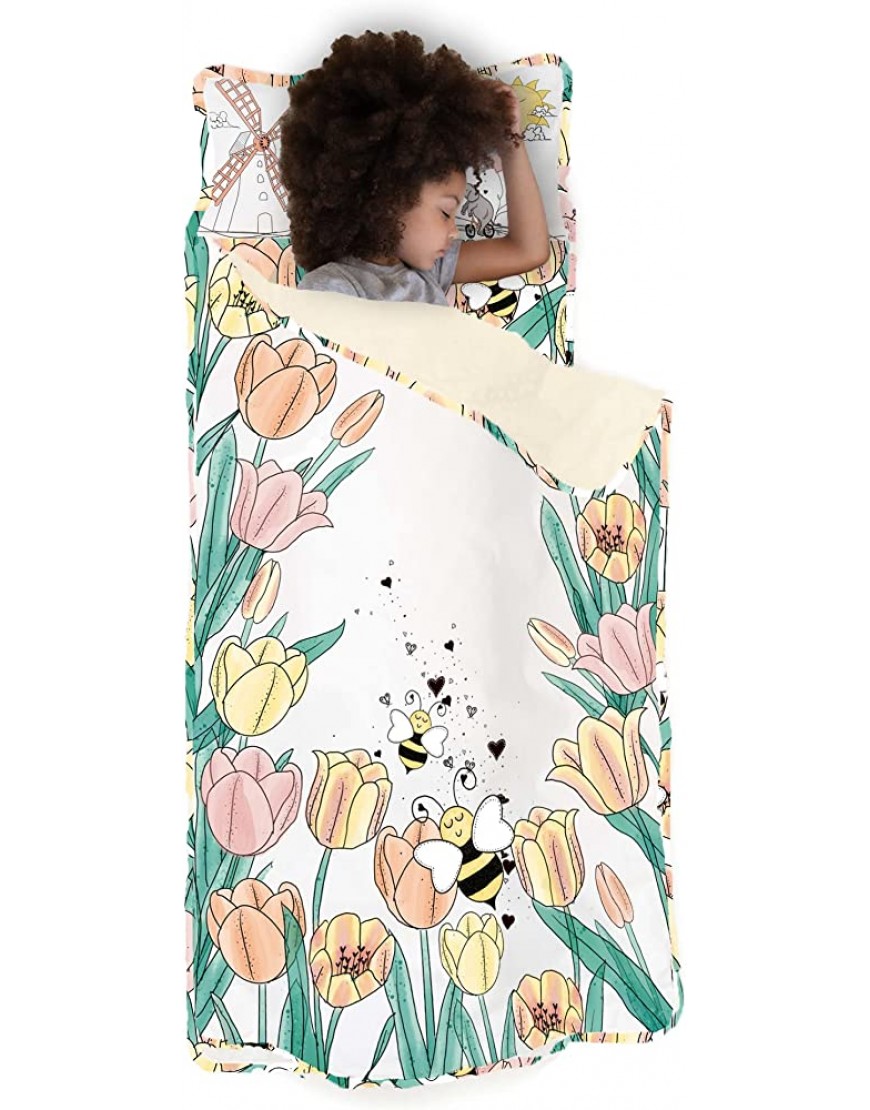 JumpOff Jo – Extra Long Toddler Nap Mat – Children’s Sleeping Bag with Removable Pillow for Preschool Daycare and Sleepovers – 53 x 21 inches Blanket 30” Wide – Tulip Fields - BB9FGV5CB