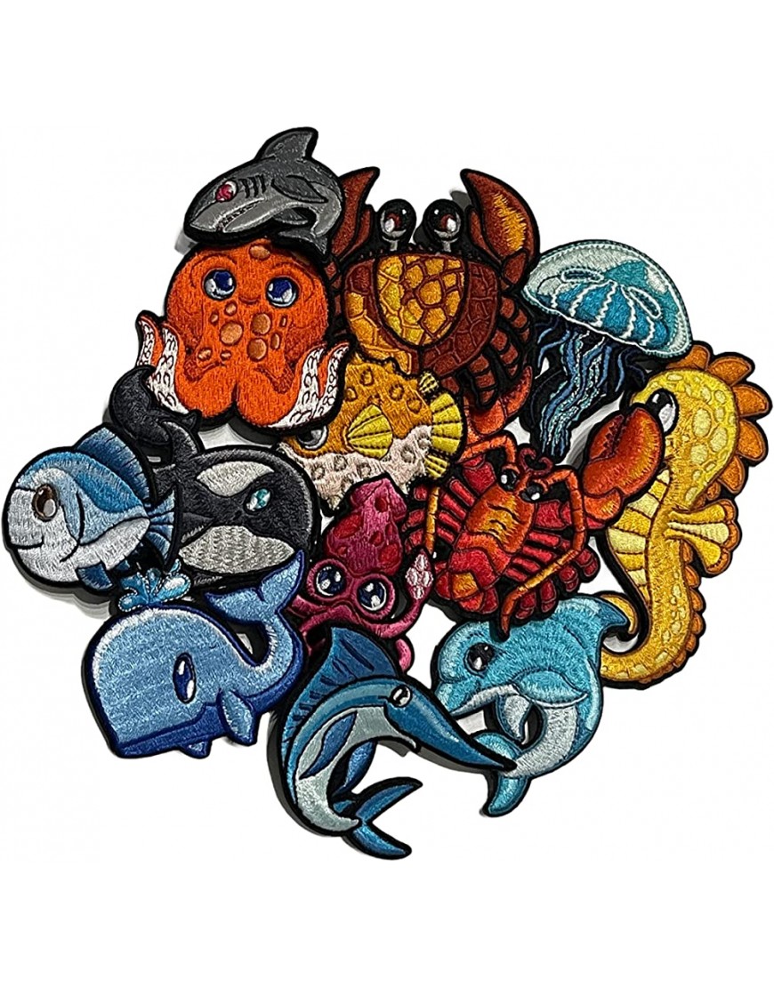 Kids Sealife Set 13 x Embroidery Sea Fish Shark Morale Patch - B5Q7H9TOB