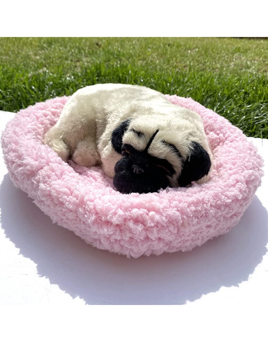 Simulation Furry Baby Dog Figurine Realistic Sleeping Pug Puppy in Pink Bed Home Shelf Car Decorative Statue Artificial Fur Pet Replica Photo Props Collectible Gift - B19226FVL