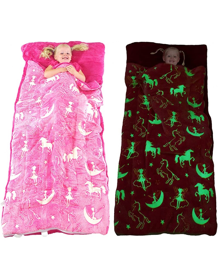 Unicorn Sleeping Bag Glow in The Dark Fairy Slumber Bag for Girls Plush Glowing Girly Nap Mat for Kids- Luminescent Pink Large 66in x 30in Warm Durable Sleeping Blanket Pad for Girls Unicorn Gift - BOXE7PKEH