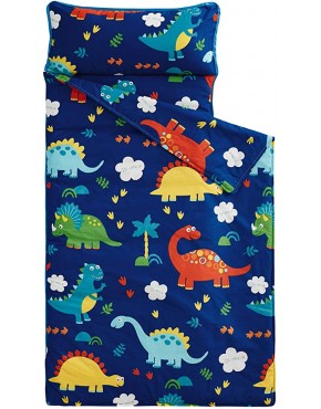 Wake In Cloud Nap Mat with Removable Pillow for Kids Toddler Boys Girls Daycare Preschool Kindergarten Sleeping Bag Dinosaurs Printed on Navy Blue 100% Cotton with Microfiber Fill - BB3XAP5KI