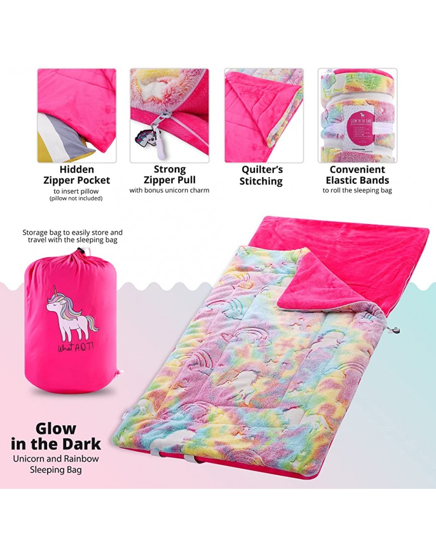 What A.Q.T. Unicorn and Rainbow Plush Glow in The Dark Sleeping Bag with Storage Bag and Pink - BHDR0ND3T