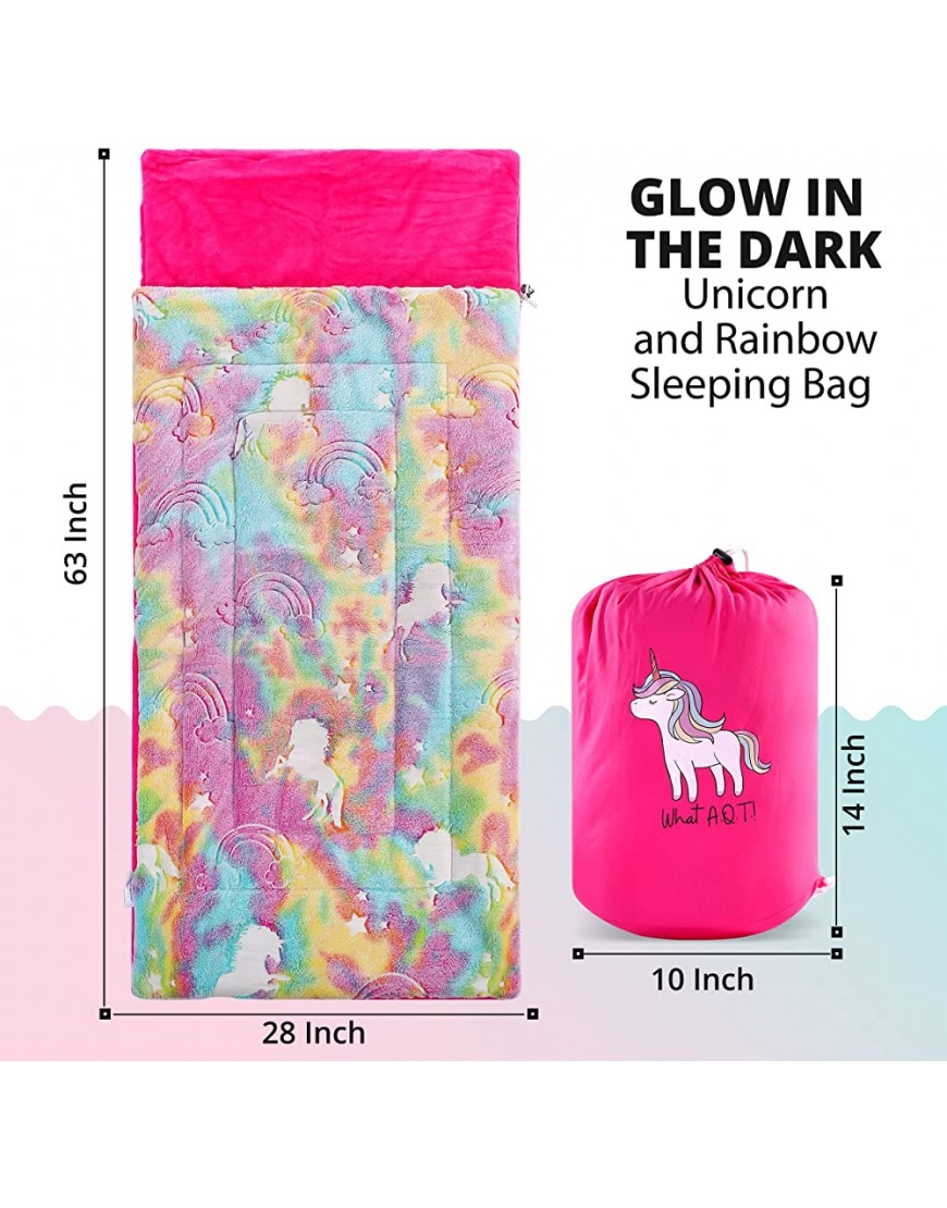 What A.Q.T. Unicorn and Rainbow Plush Glow in The Dark Sleeping Bag with Storage Bag and Pink - BHDR0ND3T