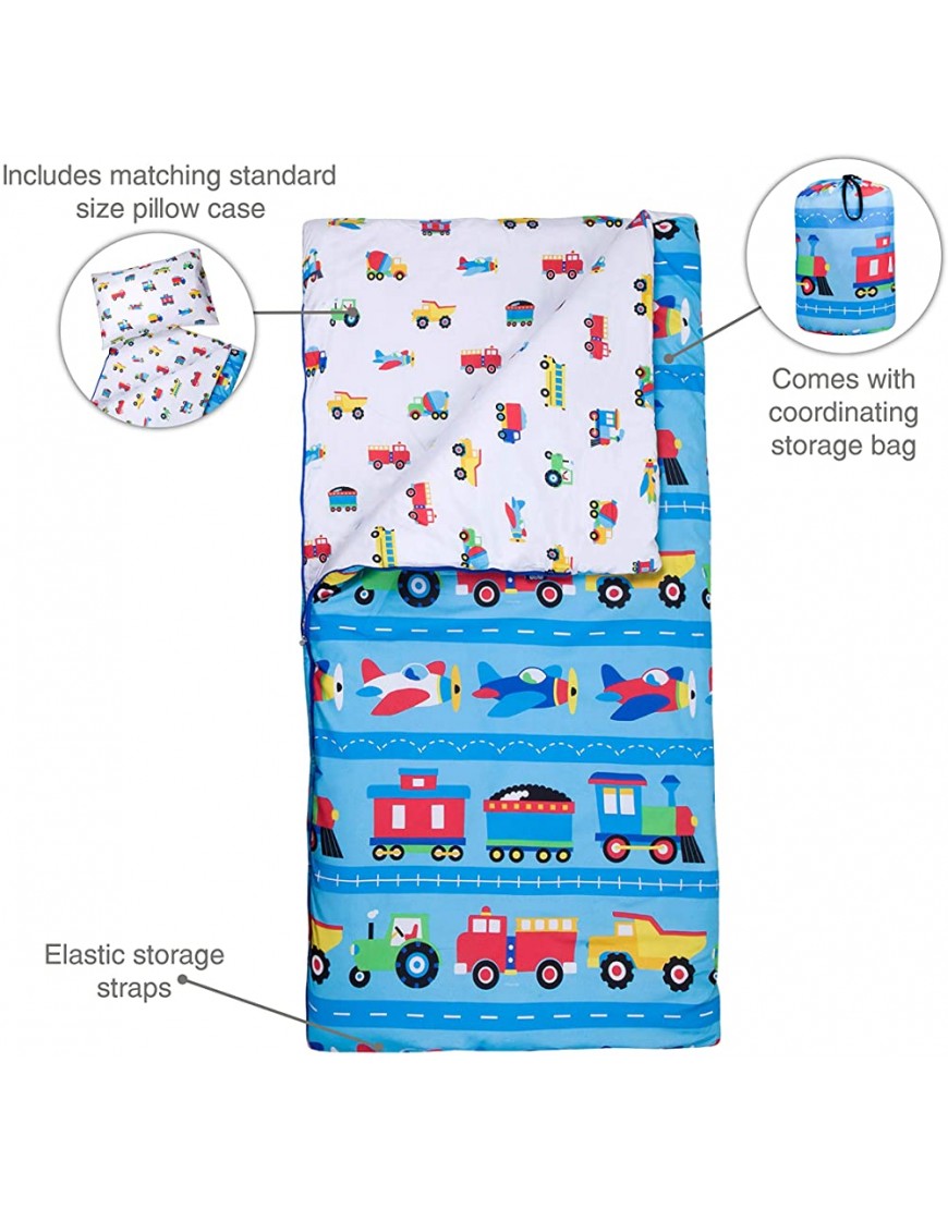 Wildkin Kids Microfiber Sleeping Bag for Boys and Girls,Includes Pillow Case and Stuff Sack Perfect Size for Slumber Parties,Camping and Overnight Travel,BPA-free,Olive KidsTrains Planes and Trucks - BHGGJJSYJ