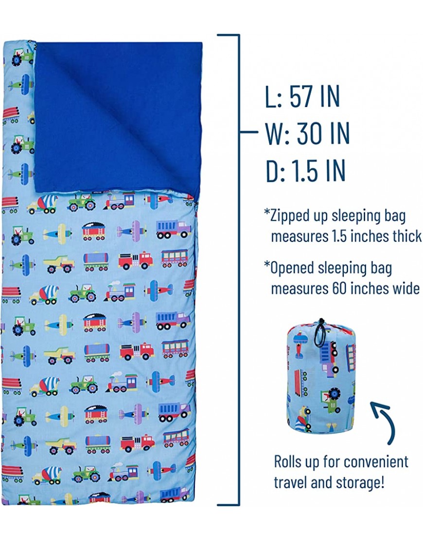 Wildkin Kids Sleeping Bags for Boys & Girls Measures 57 x 30 x 1.5 Inches Cotton Blend Material Sleeping Bag for Kids Ideal for Parties Camping & Overnight Travel BPA-freeTrains Planes & Trucks - BZ98MRAGJ