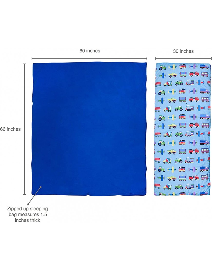 Wildkin Kids Sleeping Bags for Boys & Girls Measures 57 x 30 x 1.5 Inches Cotton Blend Material Sleeping Bag for Kids Ideal for Parties Camping & Overnight Travel BPA-freeTrains Planes & Trucks - BDZLJAHLN