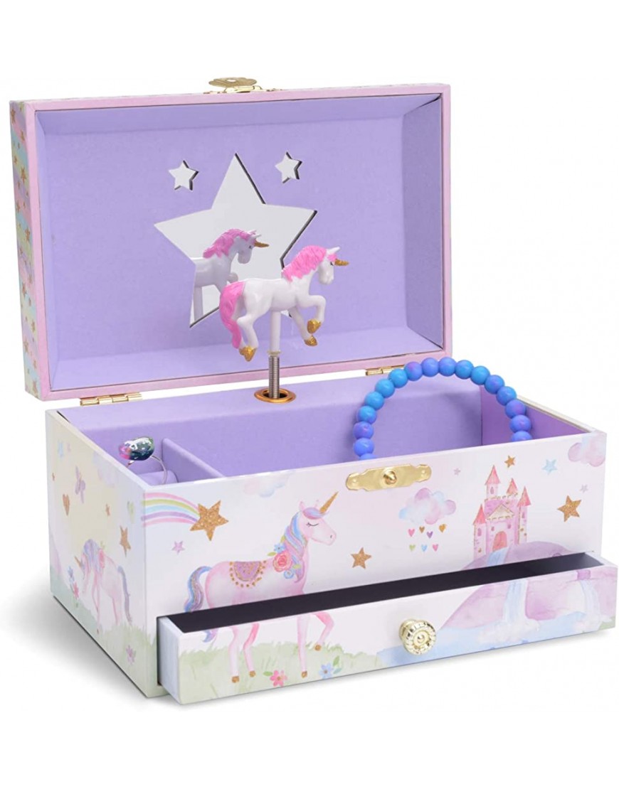 Jewelkeeper 15 Piece Kids Pretend Toy Tin Tea Set & Carry Case Llama Design Jewelkeeper Girl's Musical Jewelry Storage Box with Pullout Drawer Glitter Rainbow and Stars Unicorn Design The Unicorn - B1XDNNW9X