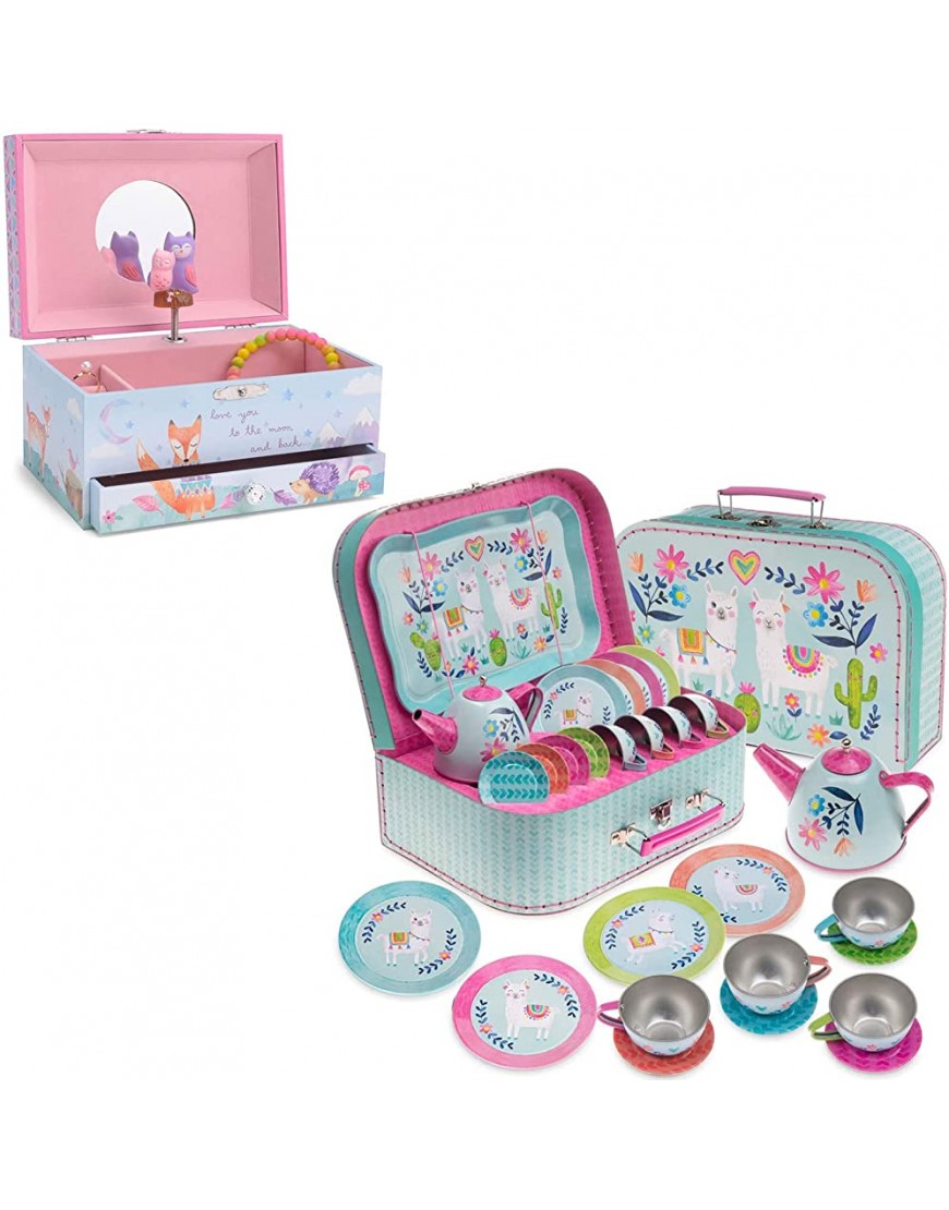 Jewelkeeper 15 Piece Kids Pretend Toy Tin Tea Set & Carry Case Llama Design Jewelkeeper Girl's Musical Jewelry Storage Box Pullout Drawer Woodland Owls Design Twinkle Twinkle Little Star Tune - BYR4O9SHO