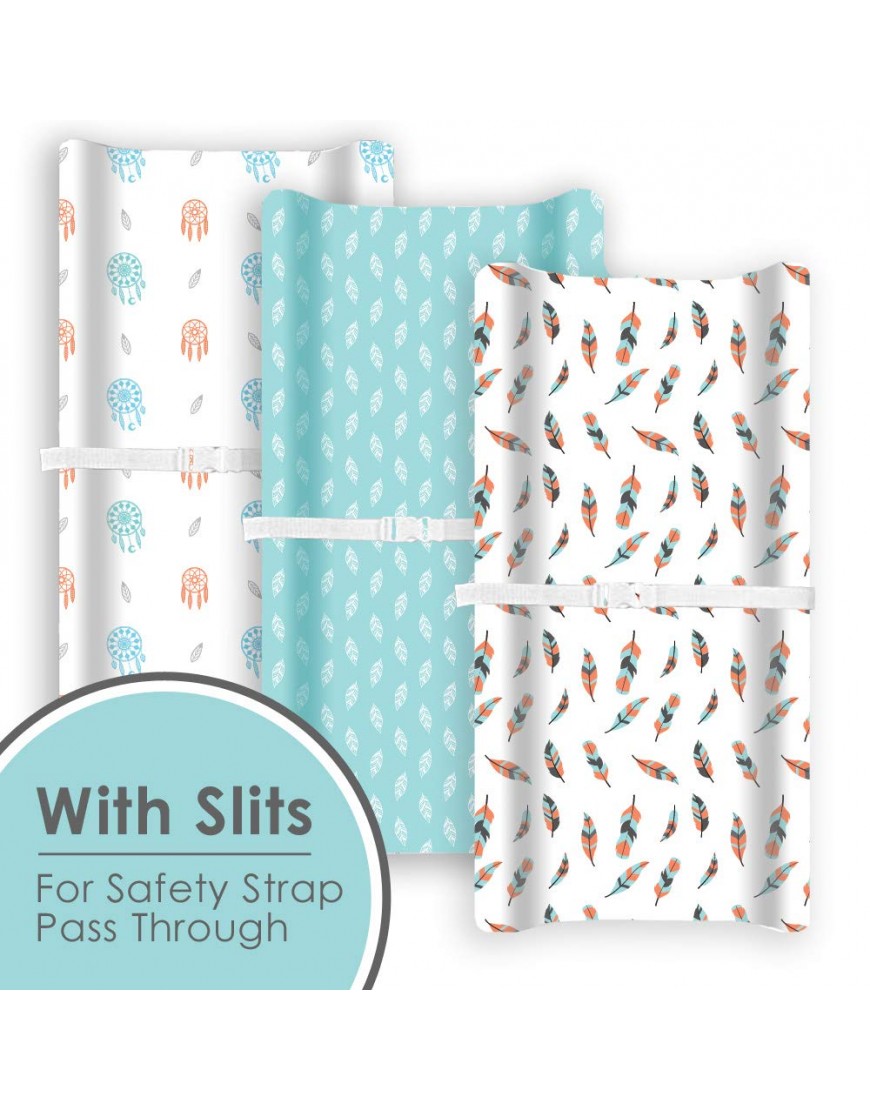GROW WILD Changing Pad Cover Boys or Girls 3 Pack | Soft & Stretchy Diaper Changing Pad Covers | Changing Pad Sheets and Baby Changing Table Cover | Wipeable Sheets | Boho Dreams Teal White Feathers - B3V1KH6F6