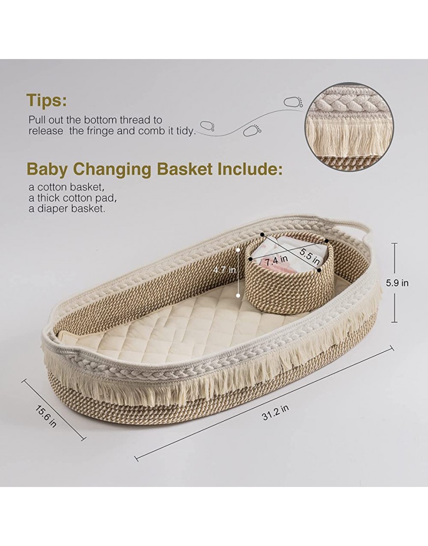 Rolife Cotton Baby Changing Basket with Diaper Changing Foam Pad & Storage Woven Bin Changing Pad Cover as a Boho Nursery Decor Baby Stuff with Tassel… - B40II1R55