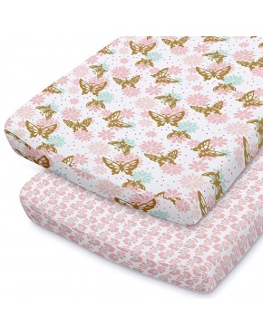 The Peanutshell Changing Pad Covers for Baby Girls | 2 Pack Set | Pink & Gold Butterfly and Pink Disty Floral - BSZ9T9NPI
