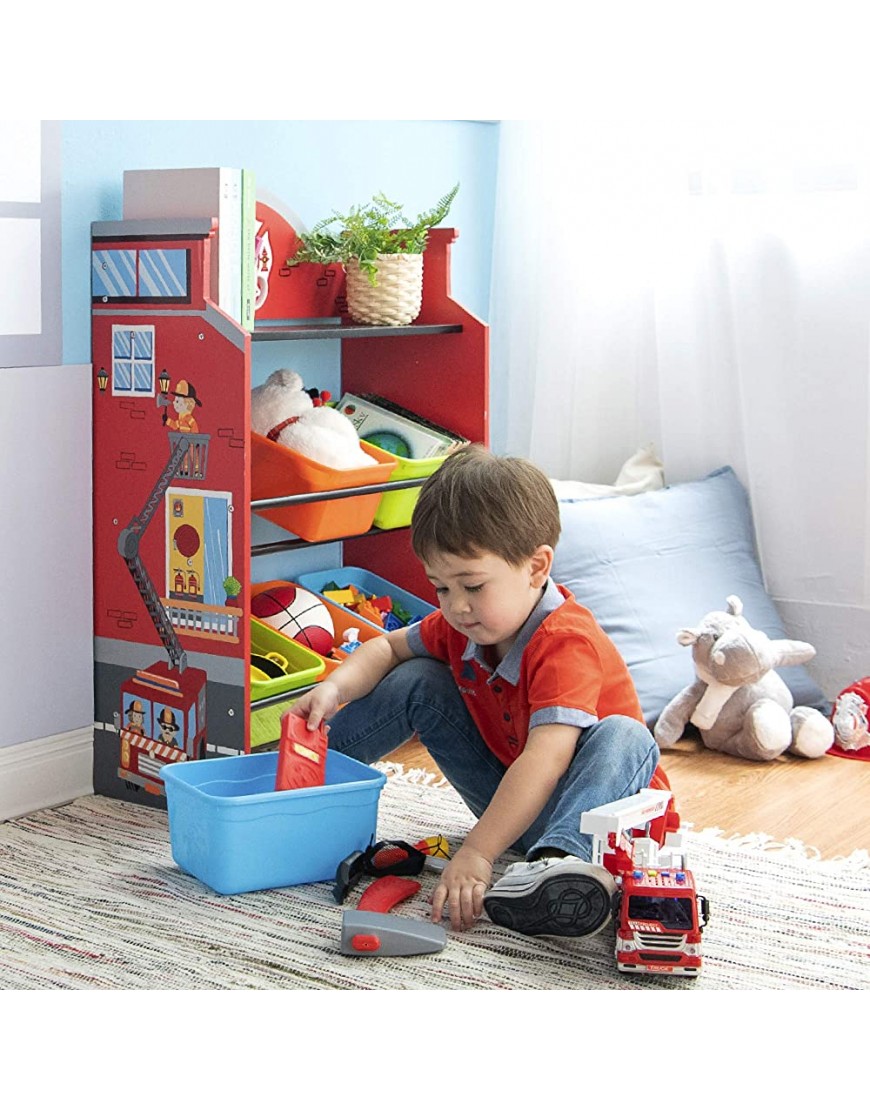 Fantasy Fields Little Firefighters Wooden Toy Organizers with 6 Removable Storage Bins Toy Storage Shelf Red TD-13211A - BLT42MM0A