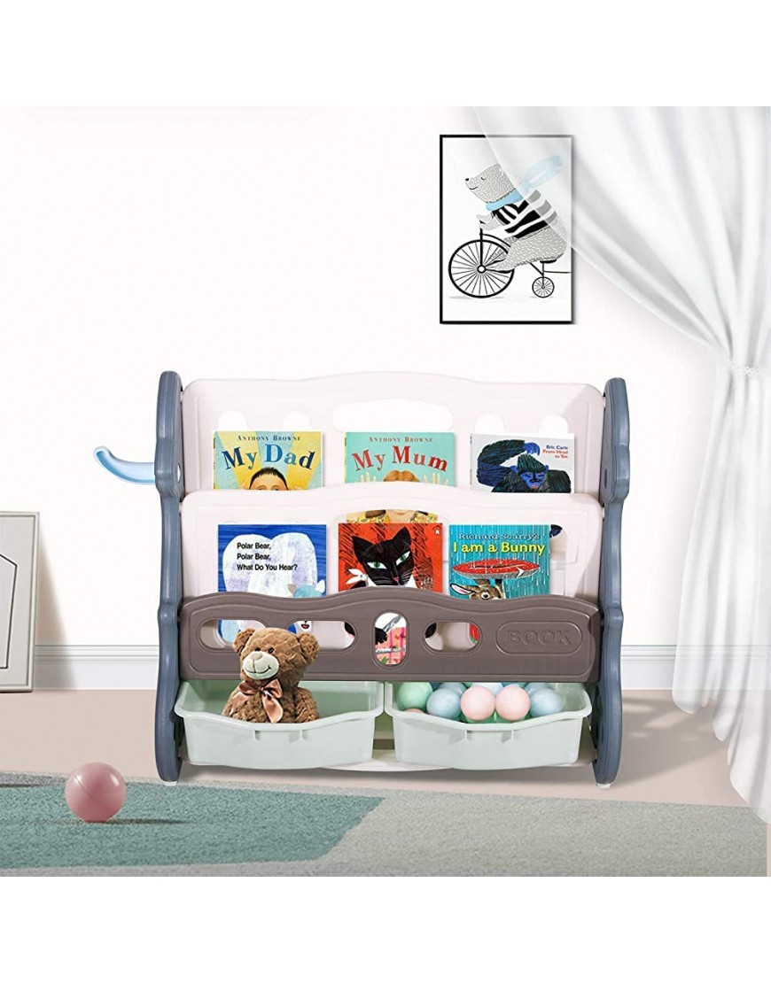 RedSwing Kids Toy Storage Organizer with Bookshelves and 2 Bins Durable Plastic Multi-Layer Bookshelf Toddler Book Rack for Playroom Bedroom Blue - BMRL3SKFM