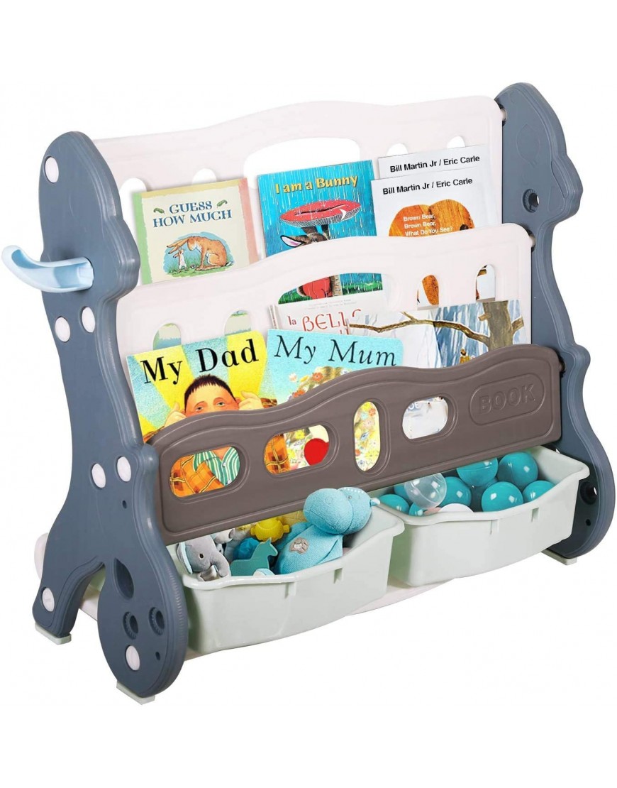 RedSwing Kids Toy Storage Organizer with Bookshelves and 2 Bins Durable Plastic Multi-Layer Bookshelf Toddler Book Rack for Playroom Bedroom Blue - BMRL3SKFM