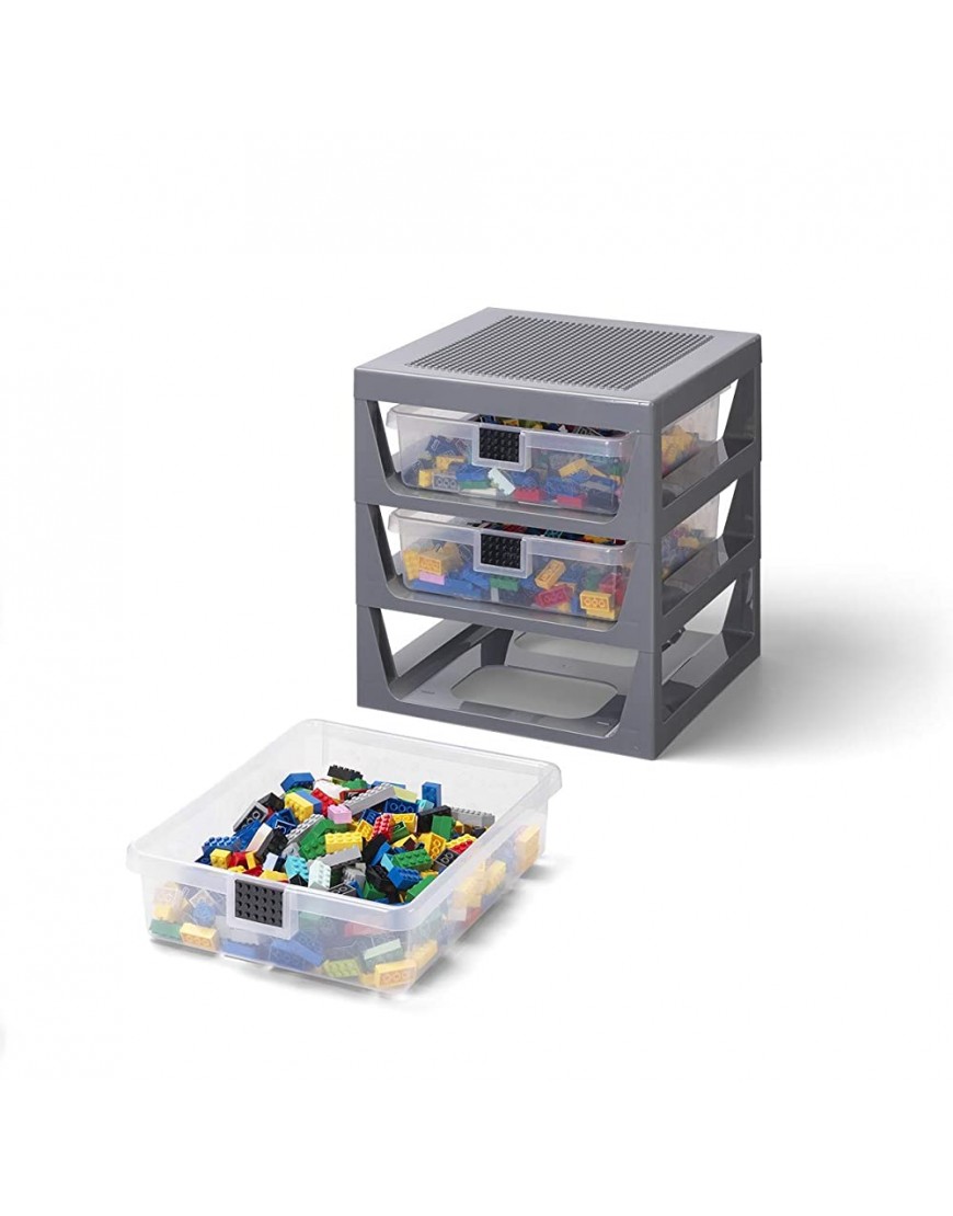 Room Copenhagen Lego 3-Drawer Rack Storage System and Building Station with Baseplate Top – Store Sort and Organize Building Blocks and Other Small Toys – 13.6 x 12.76 x 15-Inches Dark Grey - BIDXG8BMN