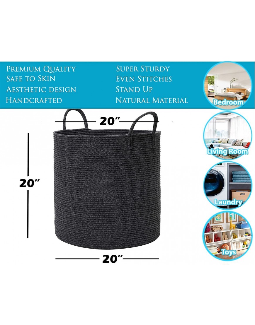 20 x 20 x 20 Extra Large Storage Basket Cotton Rope Storage Baskets Woven Laundry Hamper Baby Toy Storage Bin for Toys Towel Blanket Basket in Living Room Baby Nursery All Black Grey Mix - BJ8LGEUGB