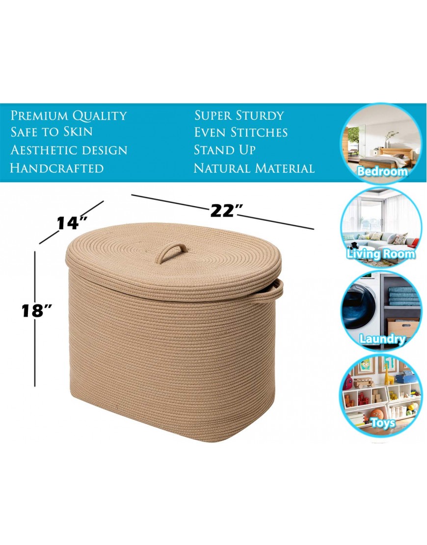 22”x14”x18” Rectangular Extra Large Storage Basket with Lid Cotton Rope Storage Baskets Laundry Hamper Toy Bin for Toys Blankets Storage in Living Room Baby Nursery All Beige Basket with Lid - B1EJWW7O0